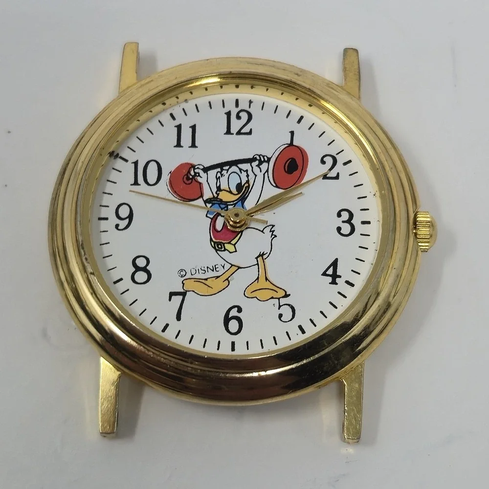 Vintage Disney Donald Duck Weightlifting Watch Head Gold Tone White Dial REPAIR
